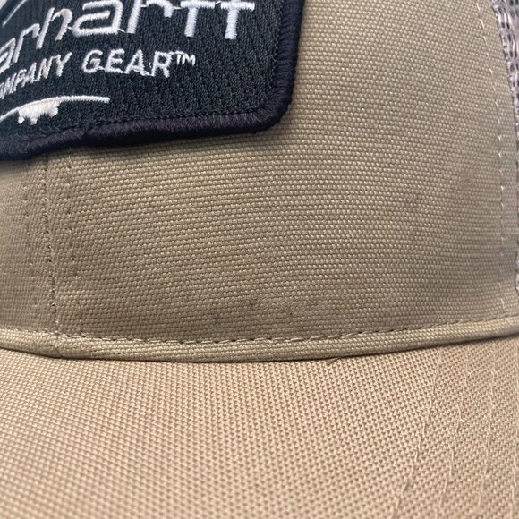 Carhartt Khaki Mesh Snapback Trucker Hat Logo Patch Cotton Blend Beige Black Cap - Picture 7 of 10